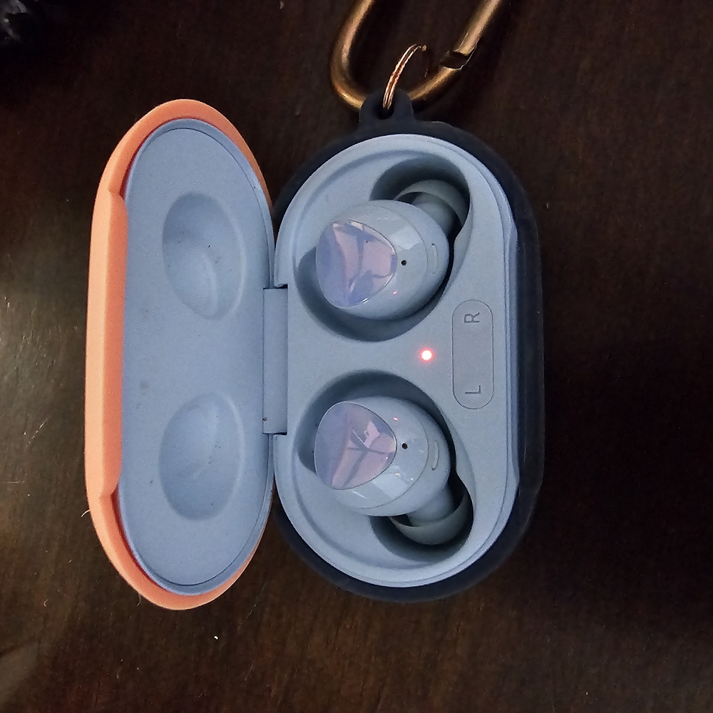 Samsung Galaxy Buds in Blue and Orange Case
